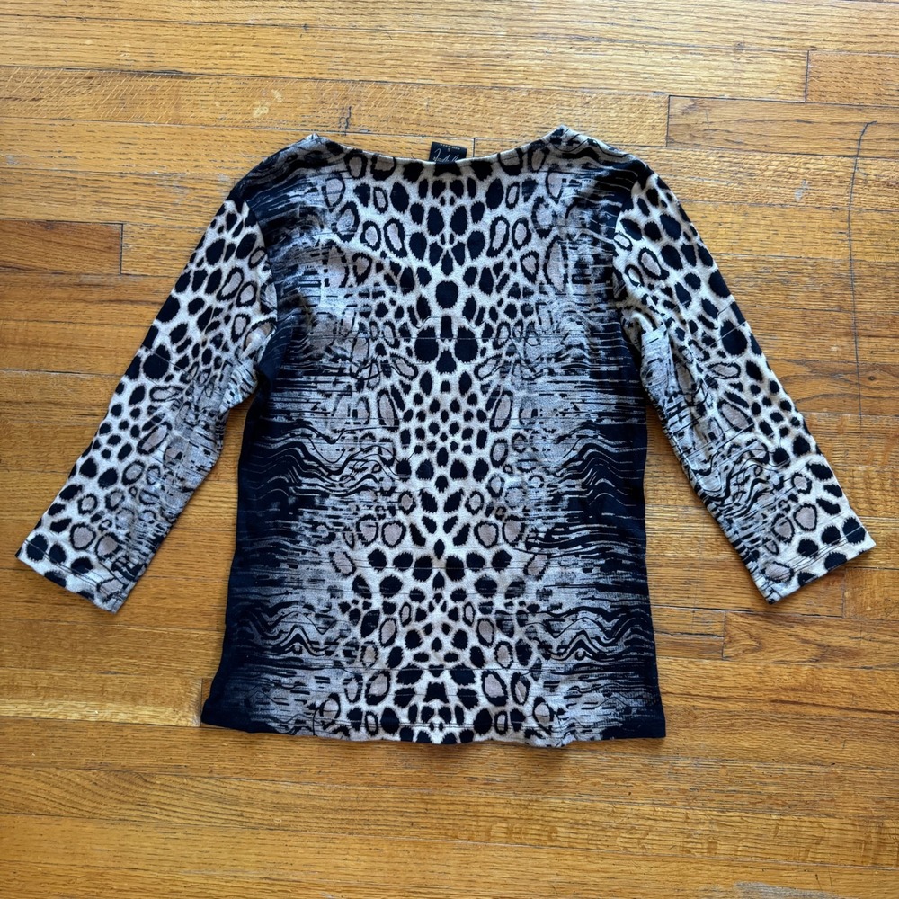 Katia Marie Women Leopard Print V-Neck Top 3/4 Sleeve Gold Glitter Black Small - Picture 6 of 6